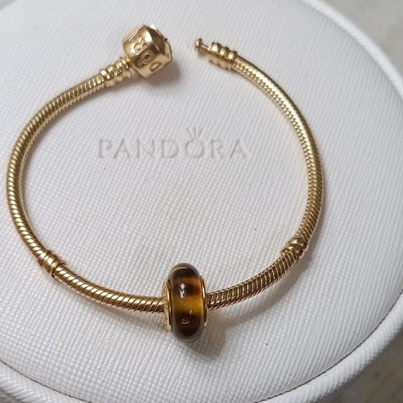 Pandora Jewelry - Pandora Solid 14k Gold Core Brown Mystic Murano No Scratches (Charm Only)